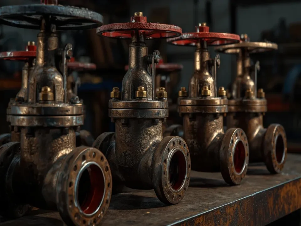 Row of industrial gate valves with red and black handwheels displayed on a workshop table, showing flanged ends and rugged metal construction.