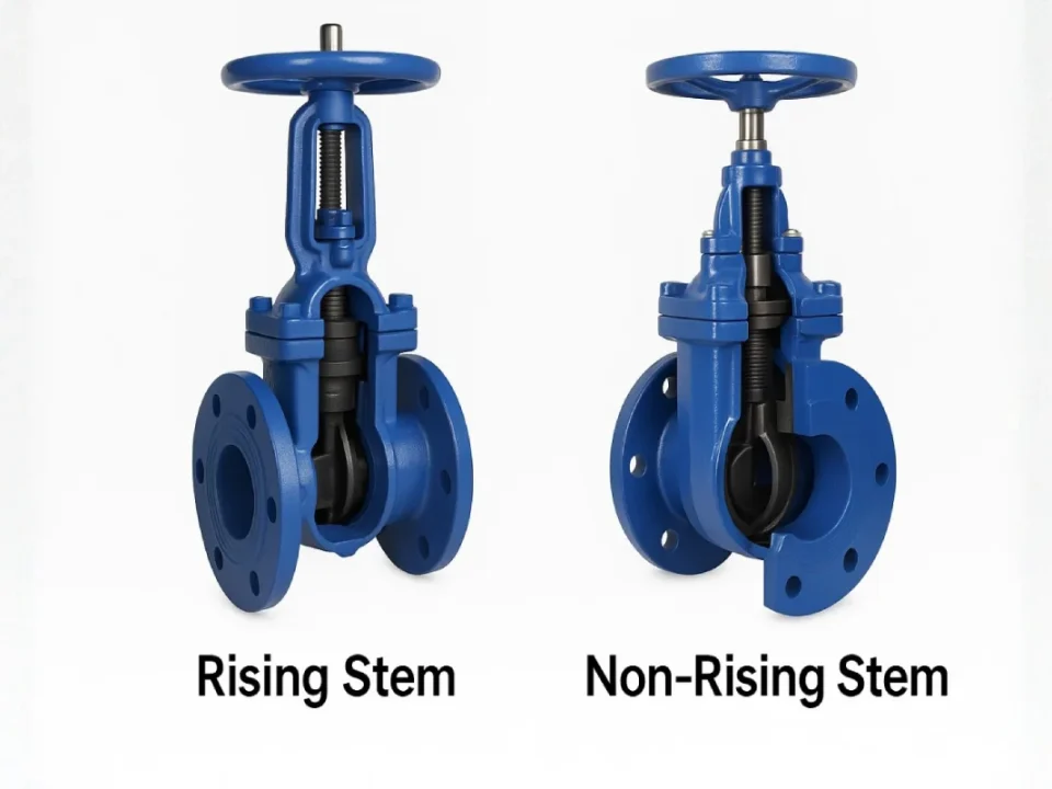 Comparison image showing a rising stem gate valve and a non-rising stem gate valve side by side, highlighting differences in stem movement and design.