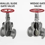 Side-by-side comparison image showing a Parallel Slide Gate Valve and a Wedge Gate Valve, both with red handwheels and metallic bodies, highlighting internal disc design differences