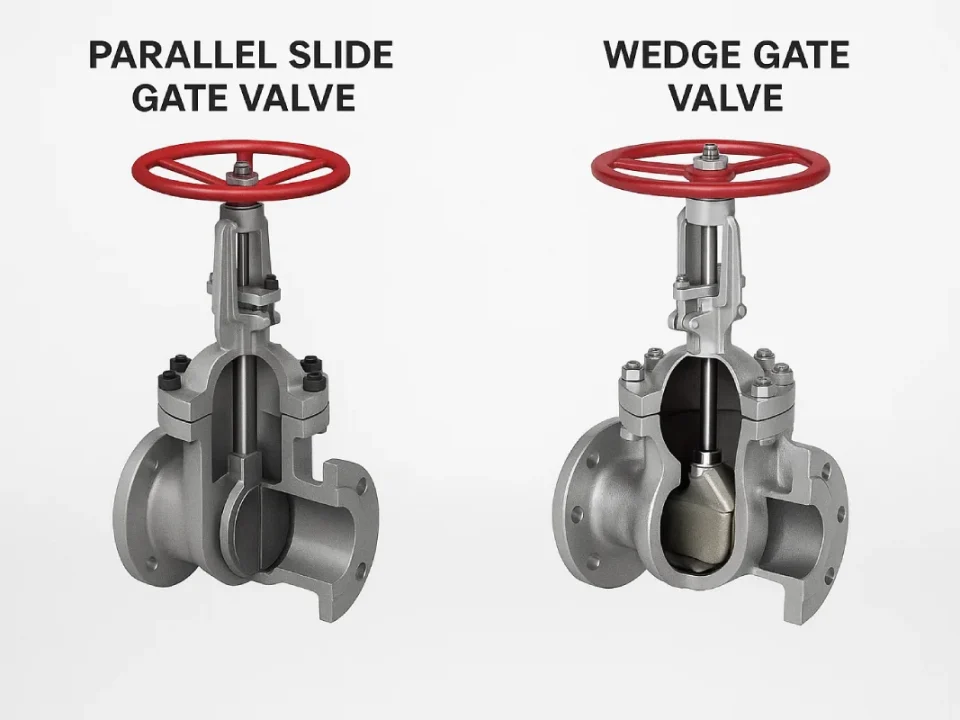 Side-by-side comparison image showing a Parallel Slide Gate Valve and a Wedge Gate Valve, both with red handwheels and metallic bodies, highlighting internal disc design differences