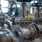 Row of industrial metal gate valves in a manufacturing workshop, showing precision-engineered valve bodies and handwheels used for flow control applications.