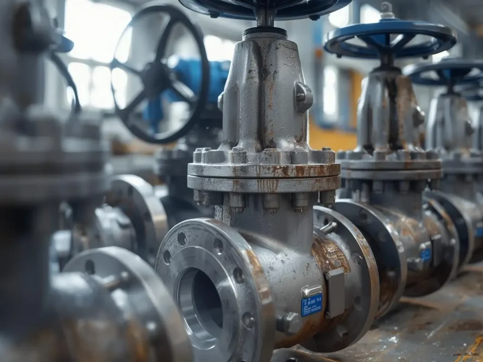 Row of industrial metal gate valves in a manufacturing workshop, showing precision-engineered valve bodies and handwheels used for flow control applications.