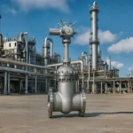 Stainless steel electric actuated gate valve standing on an industrial plant floor, with refinery structures, pipelines, and towers in the background under a clear blue sky.