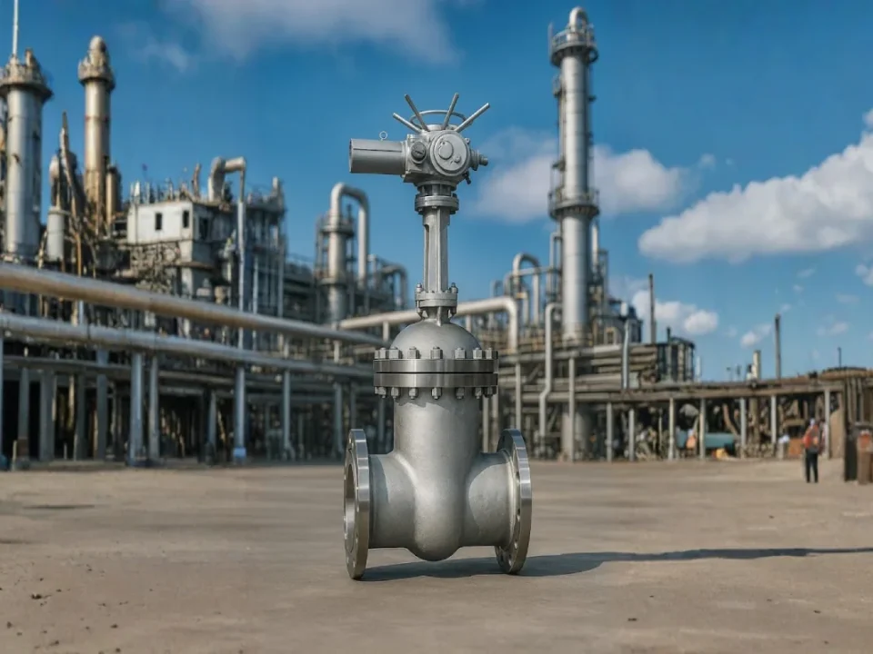 Stainless steel electric actuated gate valve standing on an industrial plant floor, with refinery structures, pipelines, and towers in the background under a clear blue sky.