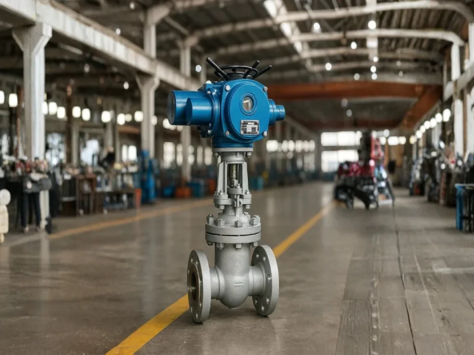 Electric gate valve with a blue electric actuator installed on a stainless steel valve body, photographed inside an industrial factory setting with machinery and structural beams in the background.