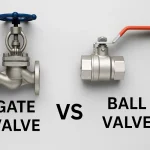 Comparison image of a gate valve (left) with a blue handwheel and a ball valve (right) with a red handle.