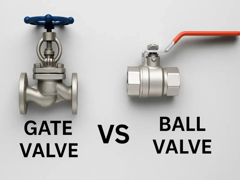 Comparison image of a gate valve (left) with a blue handwheel and a ball valve (right) with a red handle.