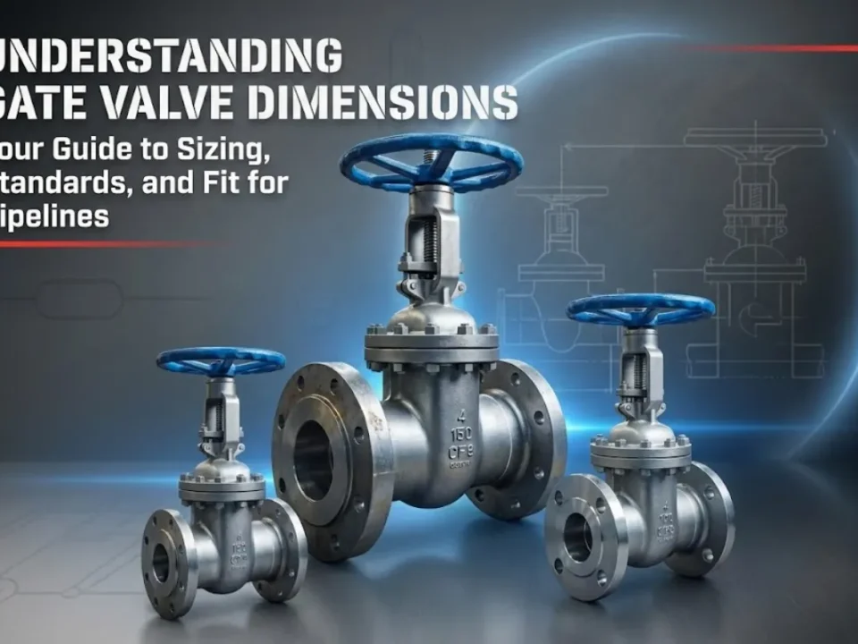 Three different-sized gate valves with flanged connections and blue handwheels, illustrating various gate valve dimensions and sizing for pipelines.