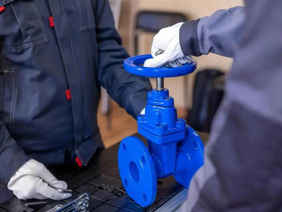 Two engineers conducting quality inspection on a valve