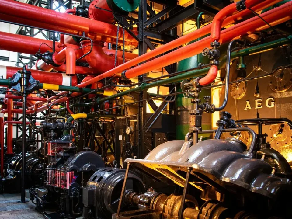 An industrial factory interior with red and green high-pressure globe valves, piping systems, and AEG equipment installed in a high-temperature processing plant.