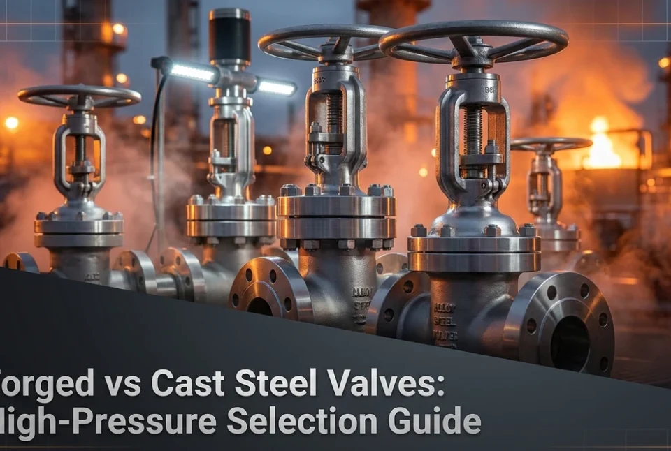 Forged steel valves lined up in an industrial refinery for high pressure.