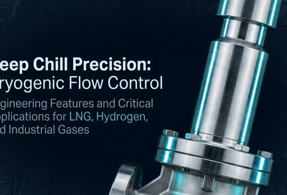 Precision cryogenic ball valve with frost background and blue light.