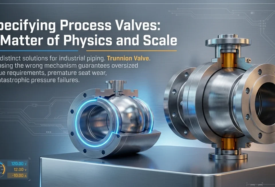 Comparison of floating ball valve vs trunnion ball valve on technical drawing.