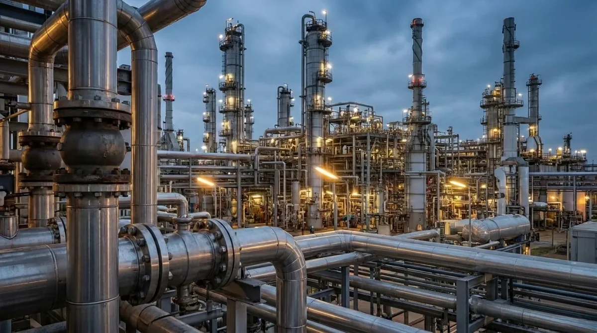 An oil refinery or offshore platform where an industrial check valve is likely used.