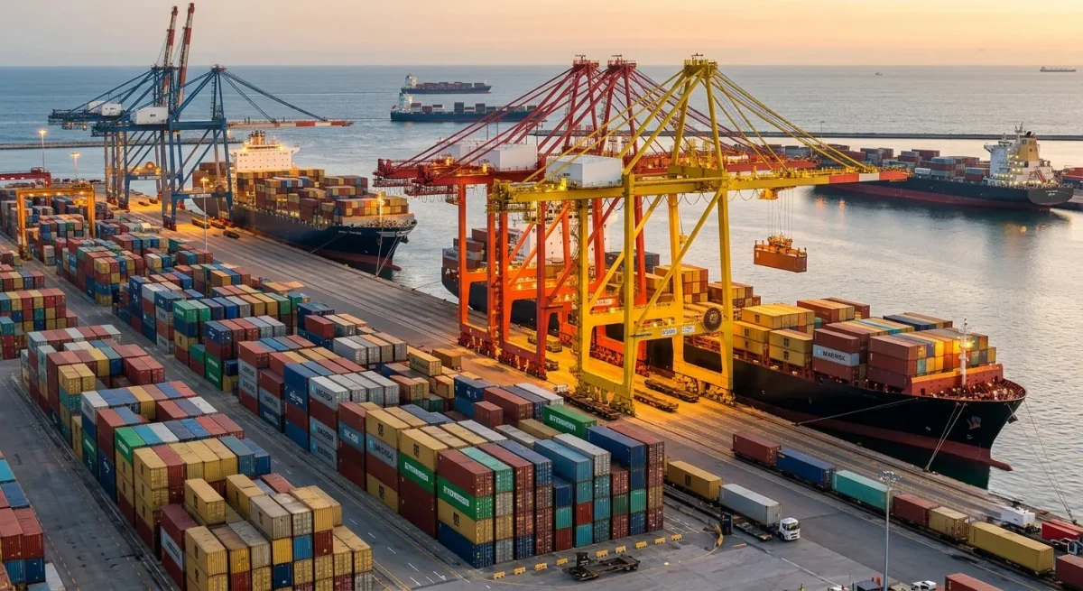 Global sourcing of industrial globe valves portrayed by international shipping, ocean freight, and container vans.
