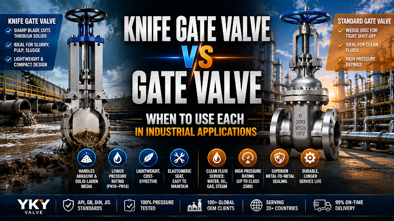 Knife gate valve vs gate valve comparison showing sharpened blade knife gate valve and wedge disc standard gate valve with media suitability pressure rating and application differences for industrial selection