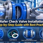 Wafer check valve installation guide showing flow direction arrow verification flange positioning gasket selection crisscross bolt tightening sequence and horizontal versus vertical installation orientation for industrial pipeline applications
