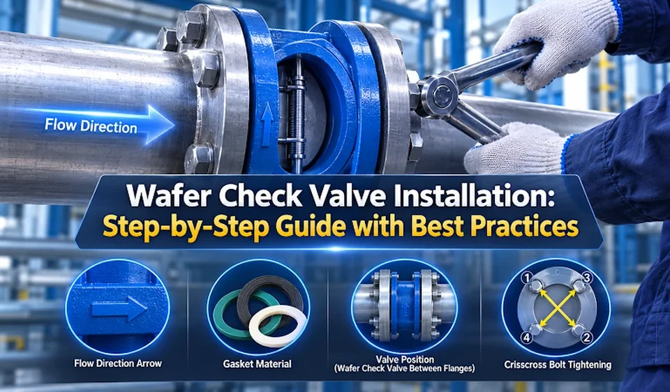 Wafer check valve installation guide showing flow direction arrow verification flange positioning gasket selection crisscross bolt tightening sequence and horizontal versus vertical installation orientation for industrial pipeline applications
