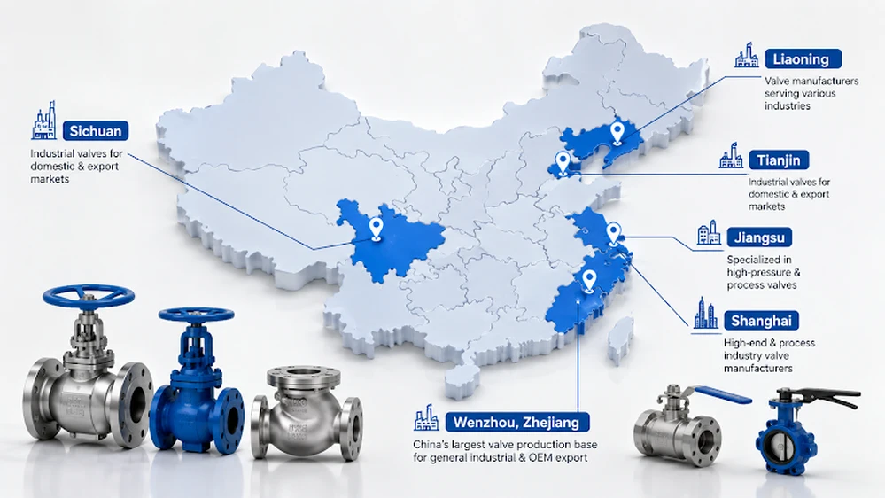China valve manufacturing regions map highlighting Zhejiang, Jiangsu, Shanghai, Tianjin, Liaoning, and Sichuan