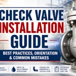 Check valve installation guide showing flow direction arrow verification straight pipe run requirements horizontal versus vertical orientation rules and common installation mistakes for swing lift wafer and dual plate check valves