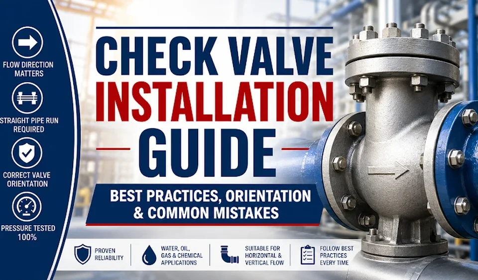 Check valve installation guide showing flow direction arrow verification straight pipe run requirements horizontal versus vertical orientation rules and common installation mistakes for swing lift wafer and dual plate check valves