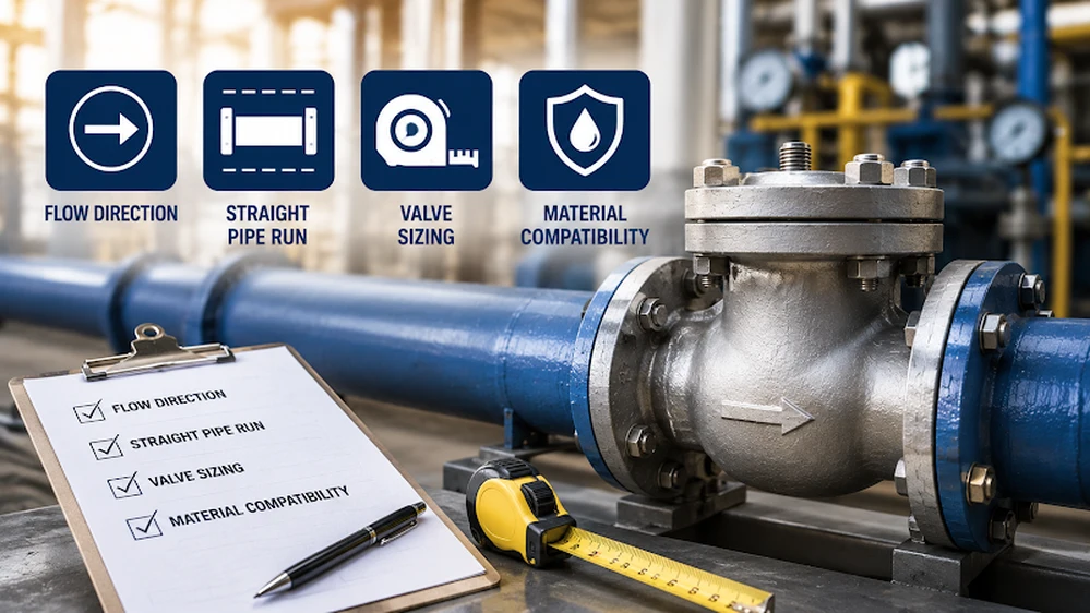 Check valve installation checklist showing flow direction, valve sizing, and material compatibility