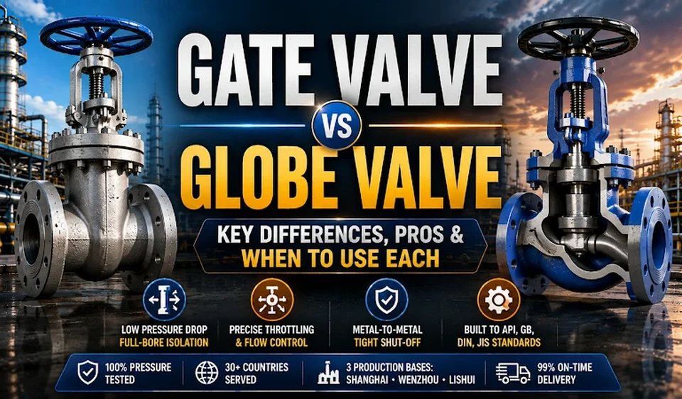 Gate valve vs globe valve comparison showing wedge disc gate valve and linear disc globe valve with pressure drop throttling capability and application differences for industrial pipeline selection