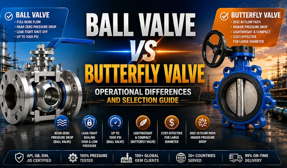 Ball valve vs butterfly valve comparison showing full-bore spherical ball valve and disc butterfly valve with pressure rating sealing performance cost and application differences for industrial pipeline selection