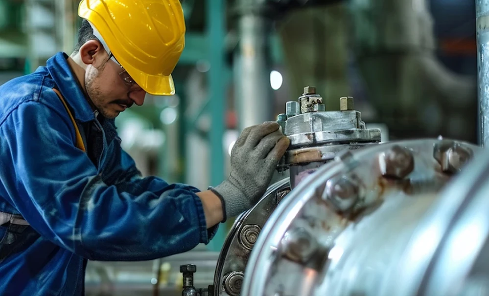 Industrial technician performing valve maintenance on pipeline equipment