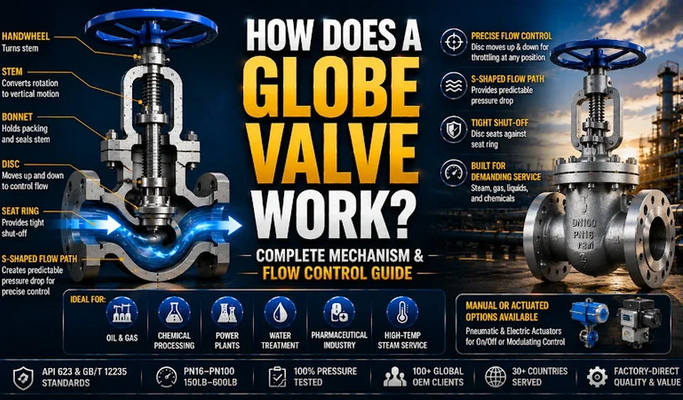 Globe valve working principle diagram showing linear motion disc and seat assembly S-shaped flow path stem and bonnet components and manual versus actuated operation for industrial flow control applications