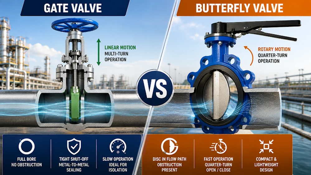 Gate valve vs butterfly valve comparison showing flow and operation differences