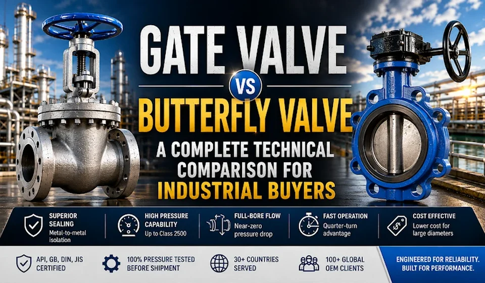 Gate valve vs butterfly valve comparison showing wedge gate valve and disc butterfly valve with sealing performance pressure rating installation space and cost differences for industrial pipeline selection