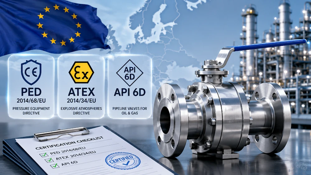 Válvula de bola industrial con certificación PED, ATEX y API 6D para el mercado europeo.