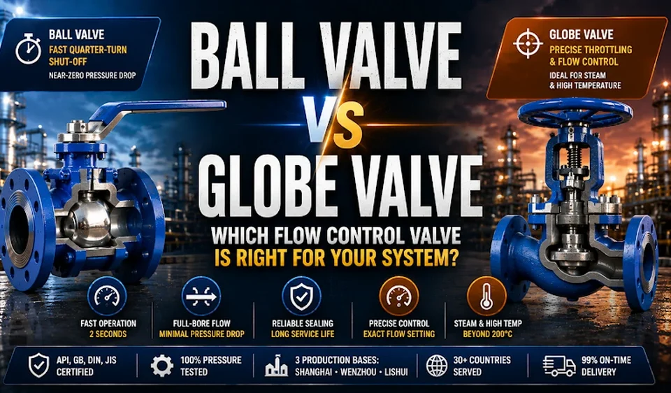 Ball valve vs globe valve comparison showing quarter-turn ball valve and linear disc globe valve with pressure drop throttling capability steam service and maintenance differences for industrial system selection